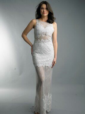 D7036L Intricate Lace Column Evening Gown - White Silver